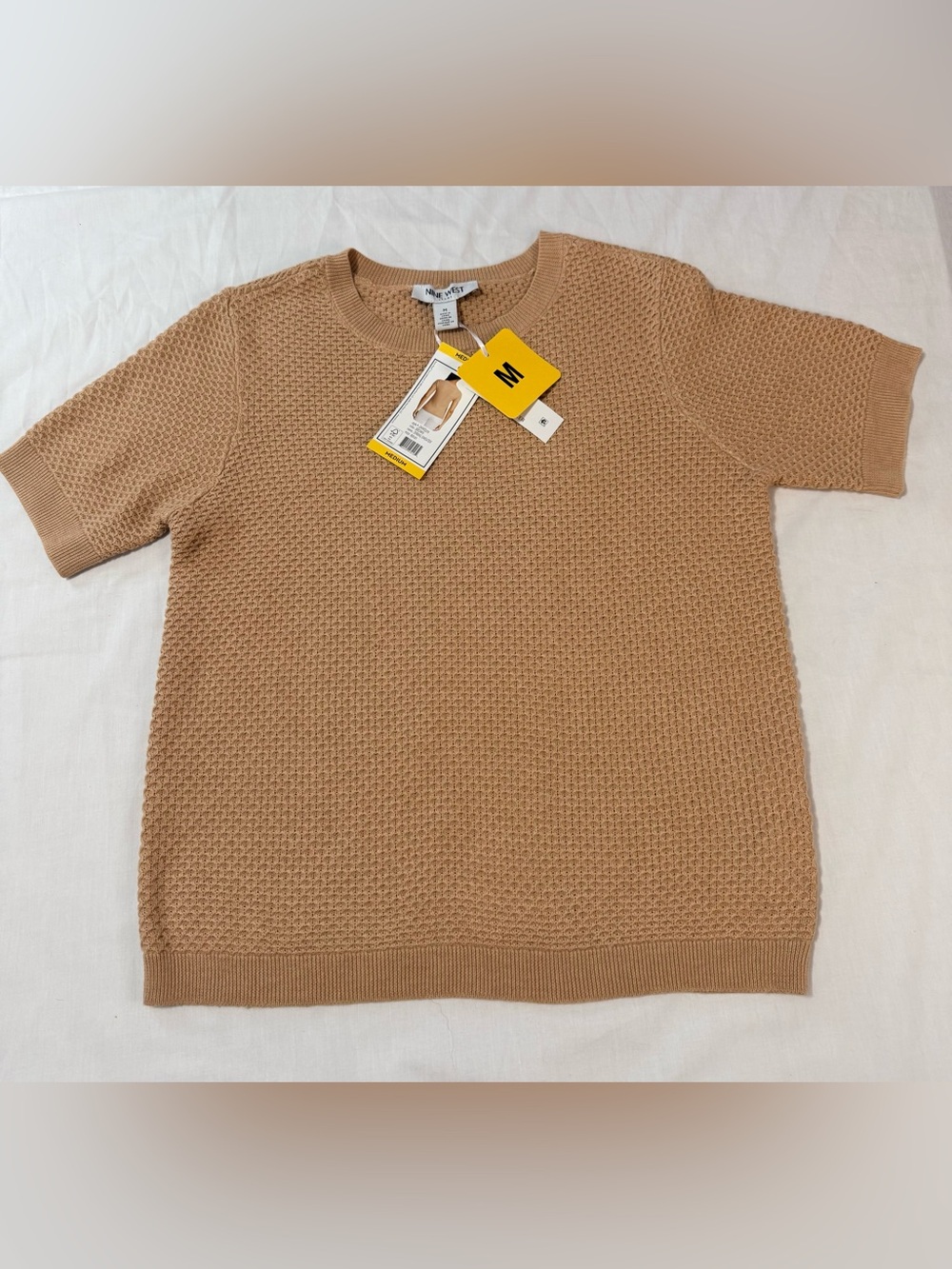 NWT Nine West Women’s Honeycomb Knit Short Sleeve Sweater Top Tan Beige M